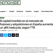 El capital invertido en el mercado de fusiones y adquisiciones en Espaa aumenta un 38% hasta julio, segn TTR